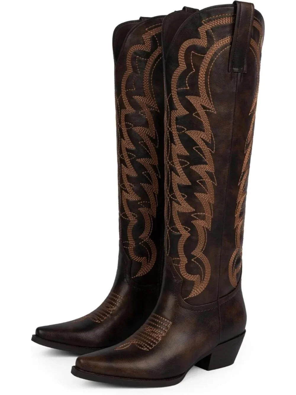 Women's Chocolate Cowboy Knee High Boots Pointed Wide Calf Chunky Heel Cowgirl